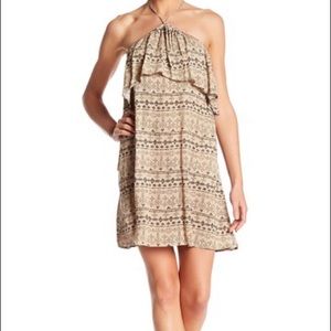 NWT beige tan black print ruffle halter dress